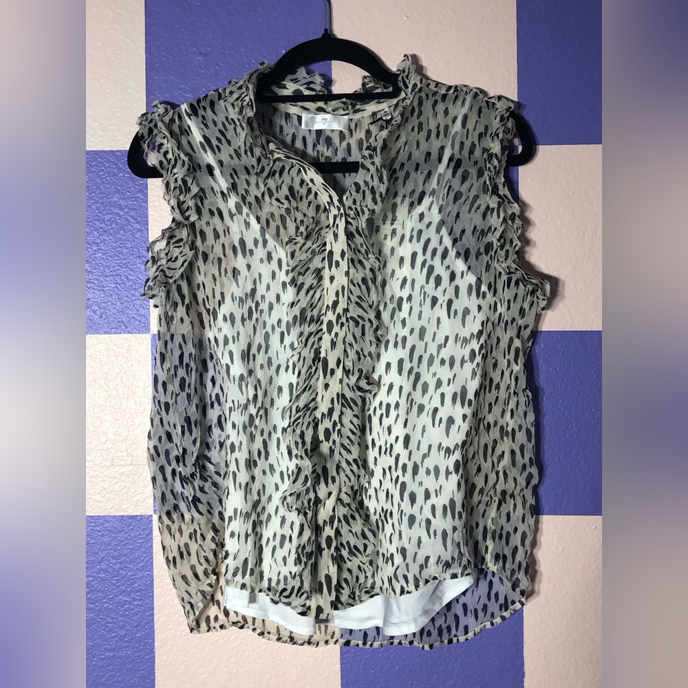 NWT 7 For All Mankind Silk Sleeveless Ruffled Blouse in Snow Leopard - Size XS